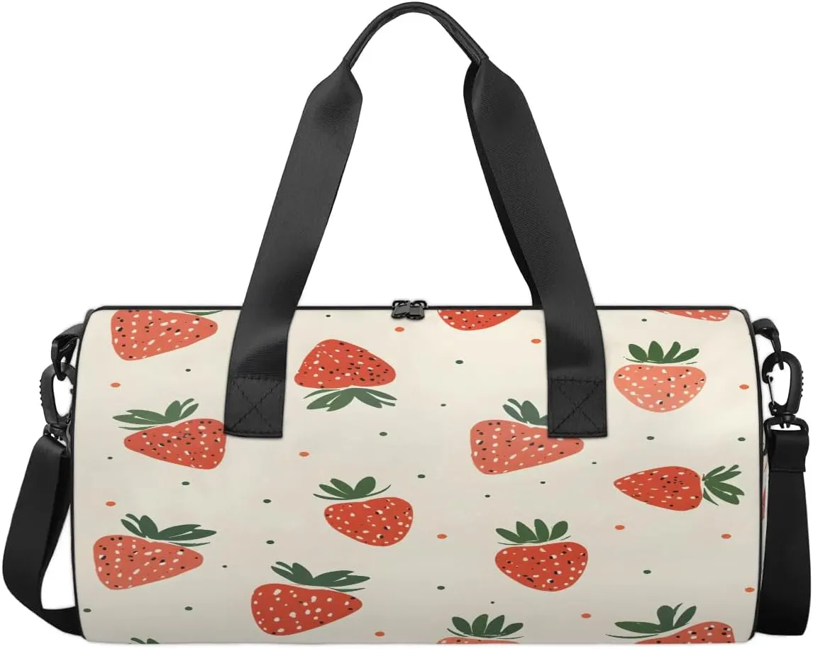 Gym Bags for Men Women Cute Strawberry Print Sports Duffel Bags Carry On Travel Duffle Bag with Detachable Adjustable Shoulder Strap Overnight Weekender Bag