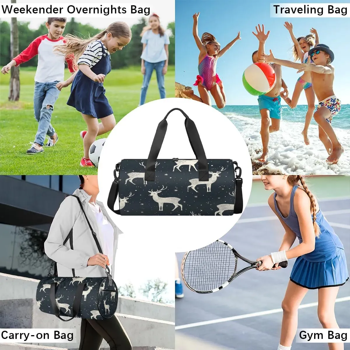 Gym Bags for Men Women Deer Prints Sports Duffel Bags Carry On Travel Duffle Bag with Detachable Adjustable Shoulder Strap Overnight Weekender Bag