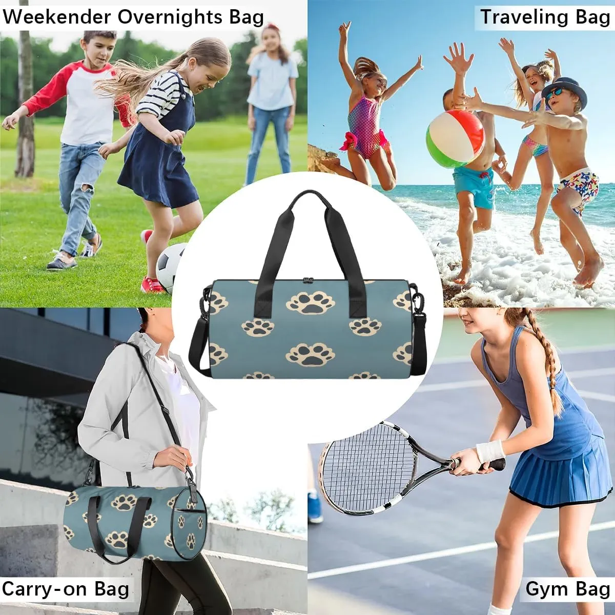 Gym Bags for Men Women Dog Paw Prints Sports Duffel Bags Carry On Travel Duffle Bag with Detachable Adjustable Shoulder Strap Overnight Weekender Bag