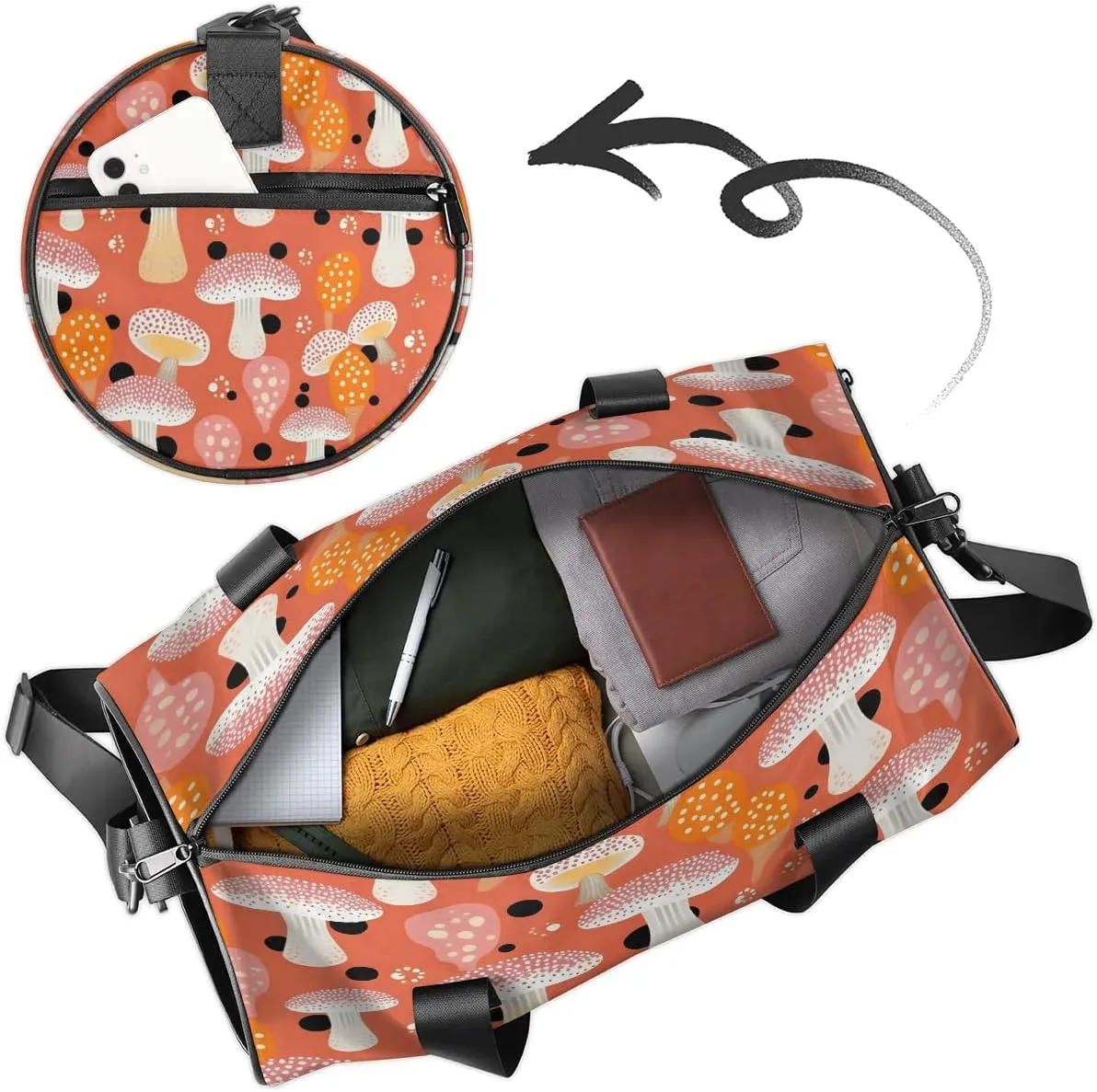 Gym Bags for Men Women Lovely Mushroom Print Sports Duffel Bags Carry On Travel Duffle Bag with Detachable Adjustable Shoulder Strap Overnight Weekender Bag