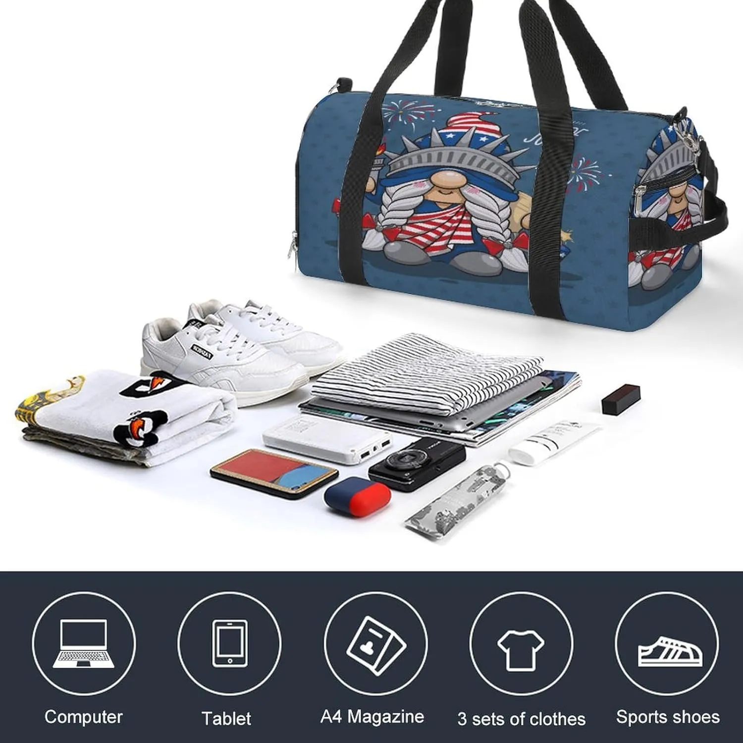 Gym Duffel Bag with Shoe Compartment Wet Pocket, America Independence Gnome Travel Bag for Men Women