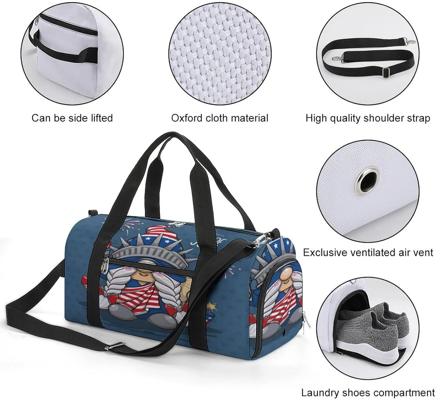 Gym Duffel Bag with Shoe Compartment Wet Pocket, America Independence Gnome Travel Bag for Men Women