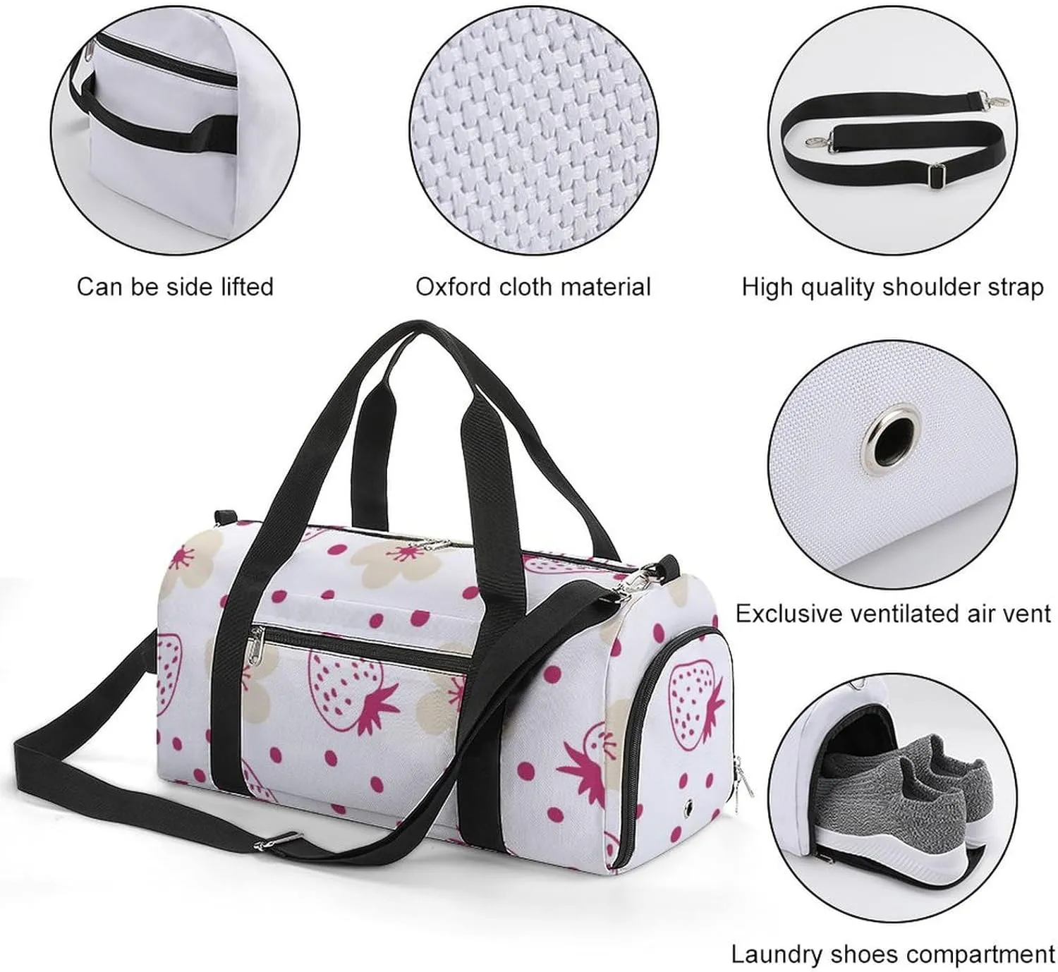 Gym Duffel Bag with Shoe Compartment Wet Pocket, Doodle Strawberries Travel Bag for Men Women