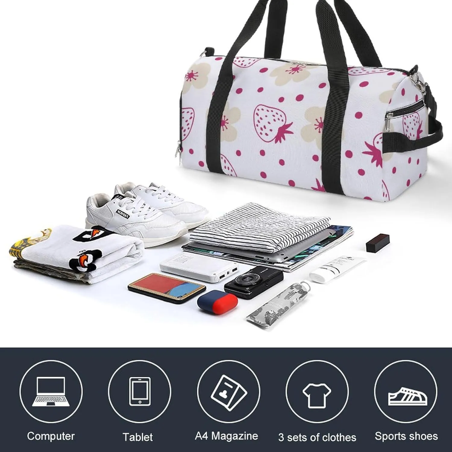Gym Duffel Bag with Shoe Compartment Wet Pocket, Doodle Strawberries Travel Bag for Men Women