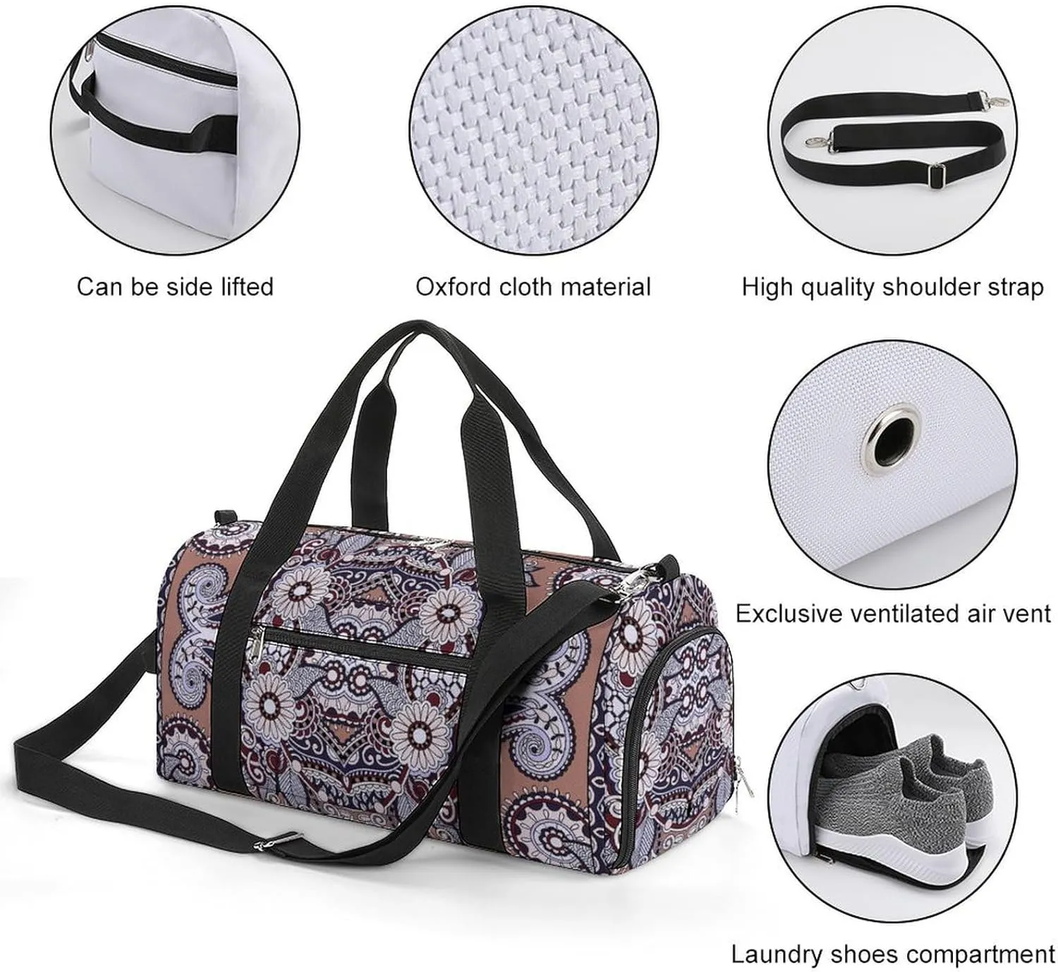 Gym Duffel Bag with Shoe Compartment Wet Pocket, Traditional Paisley Texture Travel Bag for Men Women, style-3