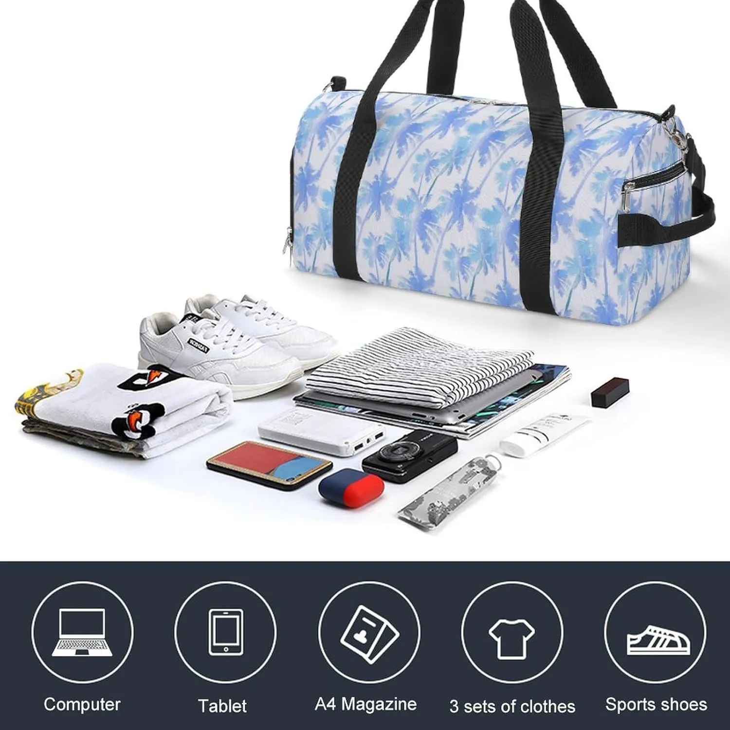 Gym Duffel Bag with Shoe Compartment Wet Pocket, Tropical Pattern of Imitation of Palms Travel Bag for Men Women