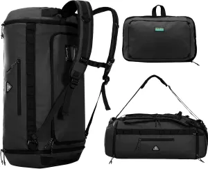 Haimont Foldable Duffel Bag Backpack with Shoe Compartment Water Resistant Large Travel Duffle Bag for Men Women to Hiking Camping Gym Sports, 50L, Upgrade, Black