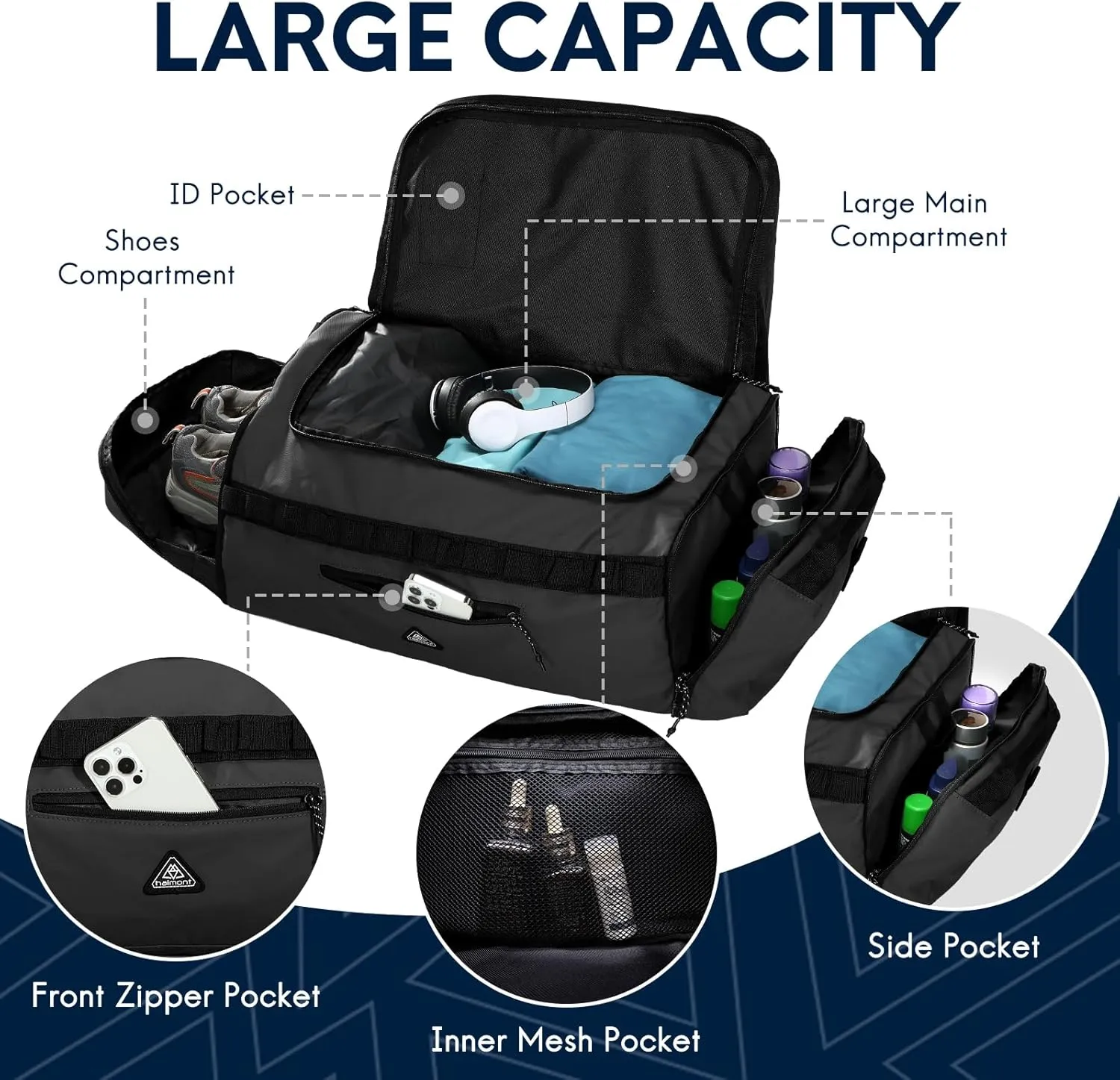 Haimont Foldable Duffel Bag Backpack with Shoe Compartment Water Resistant Large Travel Duffle Bag for Men Women to Hiking Camping Gym Sports, 50L, Upgrade, Black