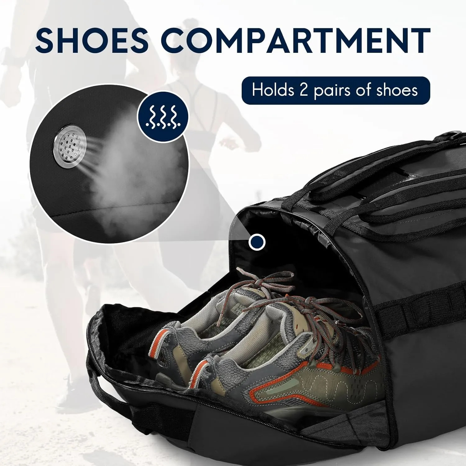 Haimont Foldable Duffel Bag Backpack with Shoe Compartment Water Resistant Large Travel Duffle Bag for Men Women to Hiking Camping Gym Sports, 50L, Upgrade, Black