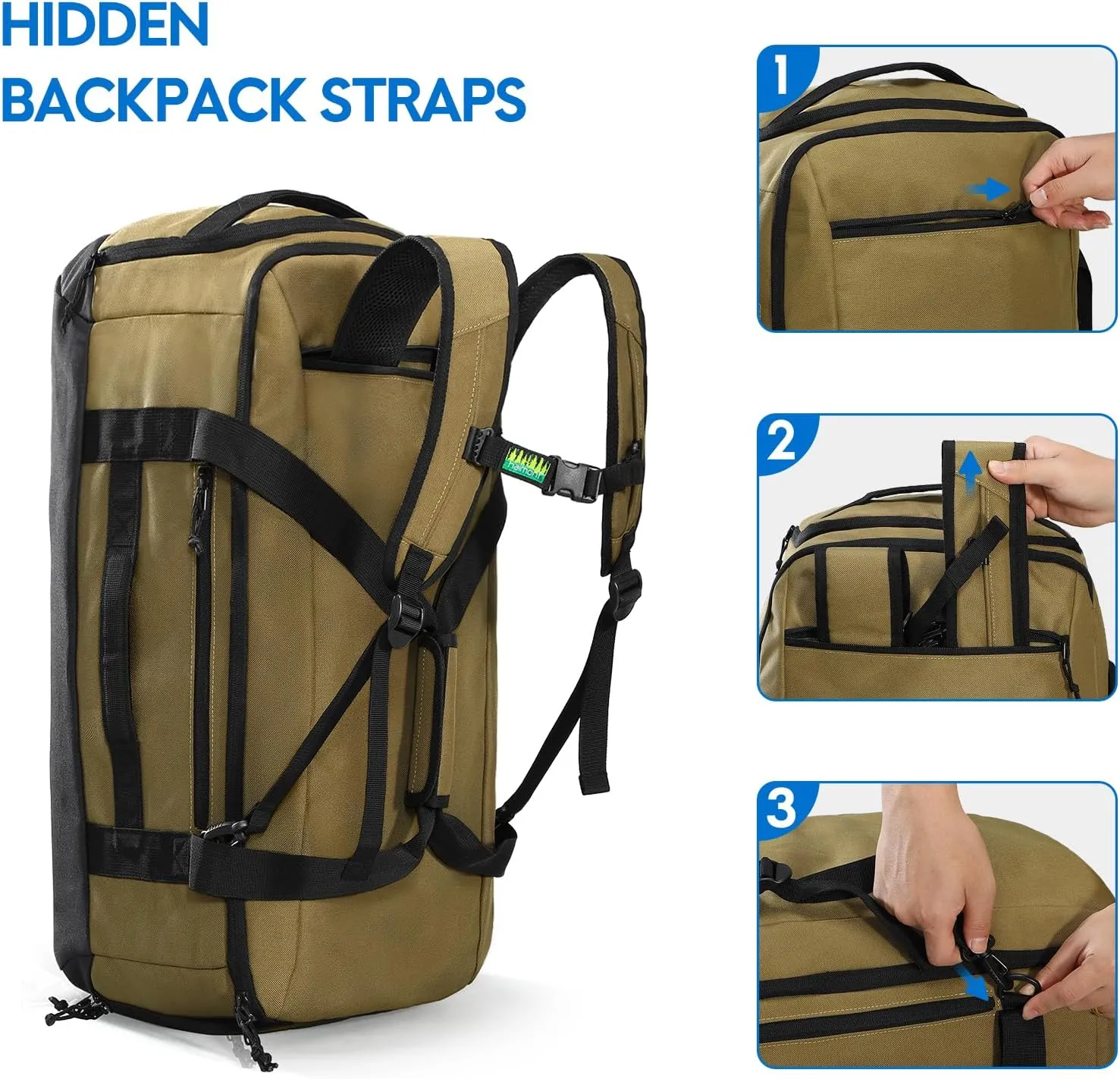 Haimont Large Collapsible Duffle Bag Backpack for Travel, Water-Resistant 60L Weekender Bag with Shoe Pocket, Men & Women, Sports, Traveling, Camping, Outdoor, Brown
