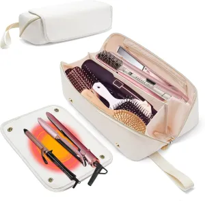 Hair Tools Travel Bag and Heat Resistant Mat, 2 in 1 Hot Tools Travel Bag for Straightener, Curling Iron, Flat Irons, Hair Dryer, Portable Organizer Hair Travel Case, Hangable Handles (Beige)