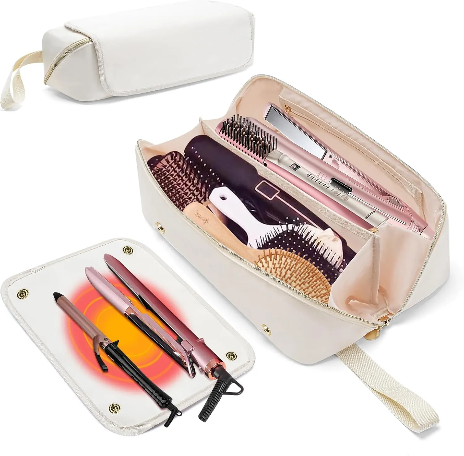 Hair Tools Travel Bag and Heat Resistant Mat, 2 in 1 Hot Tools Travel Bag for Straightener, Curling Iron, Flat Irons, Hair Dryer, Portable Organizer Hair Travel Case, Hangable Handles (Beige)