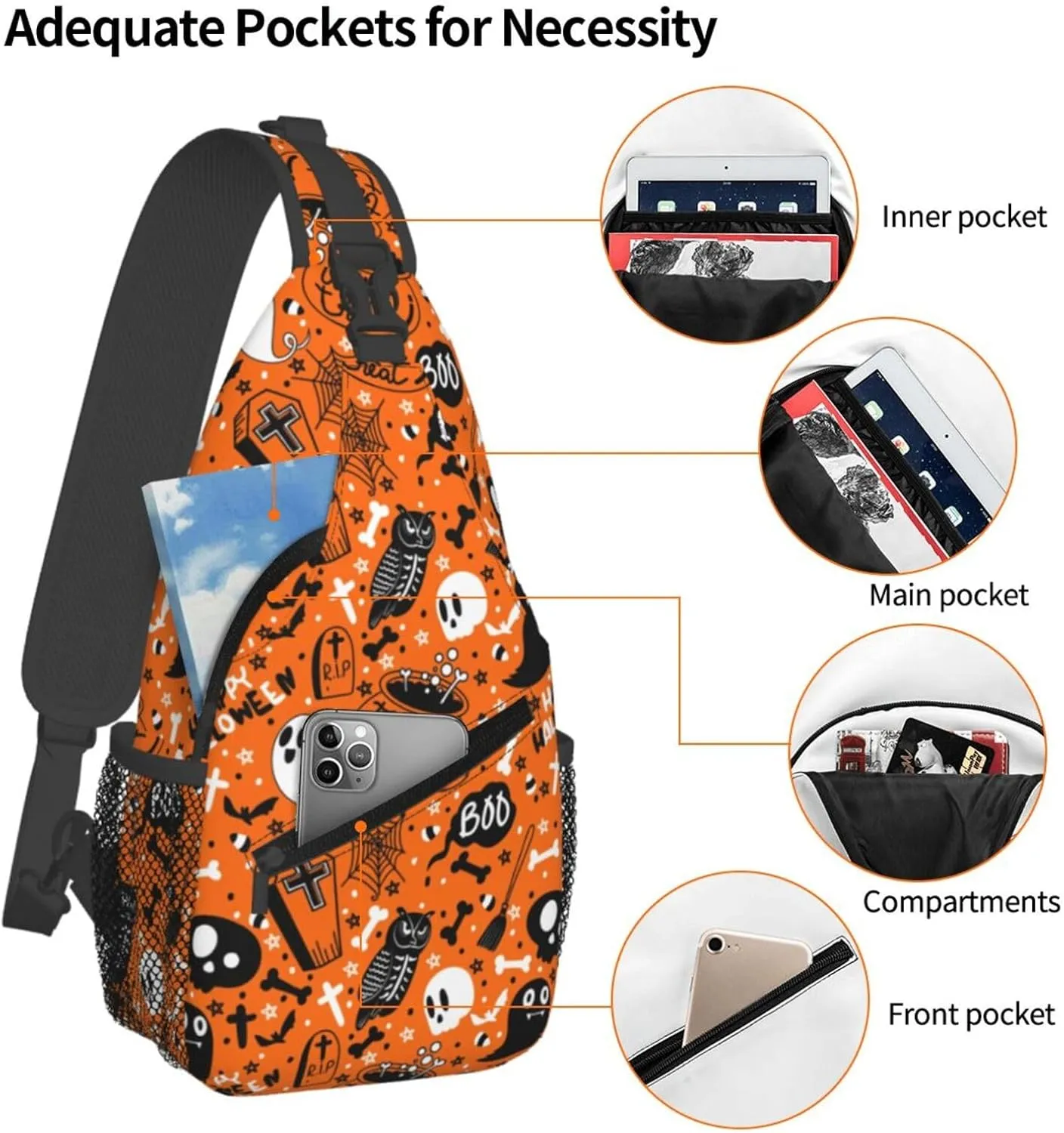 Halloween Sling Bag For Women Men Halloween Pumpkins And Bats Chest Bag Adjustable Crossbody Shoulder Bag Sling Backpack Casual Daypack