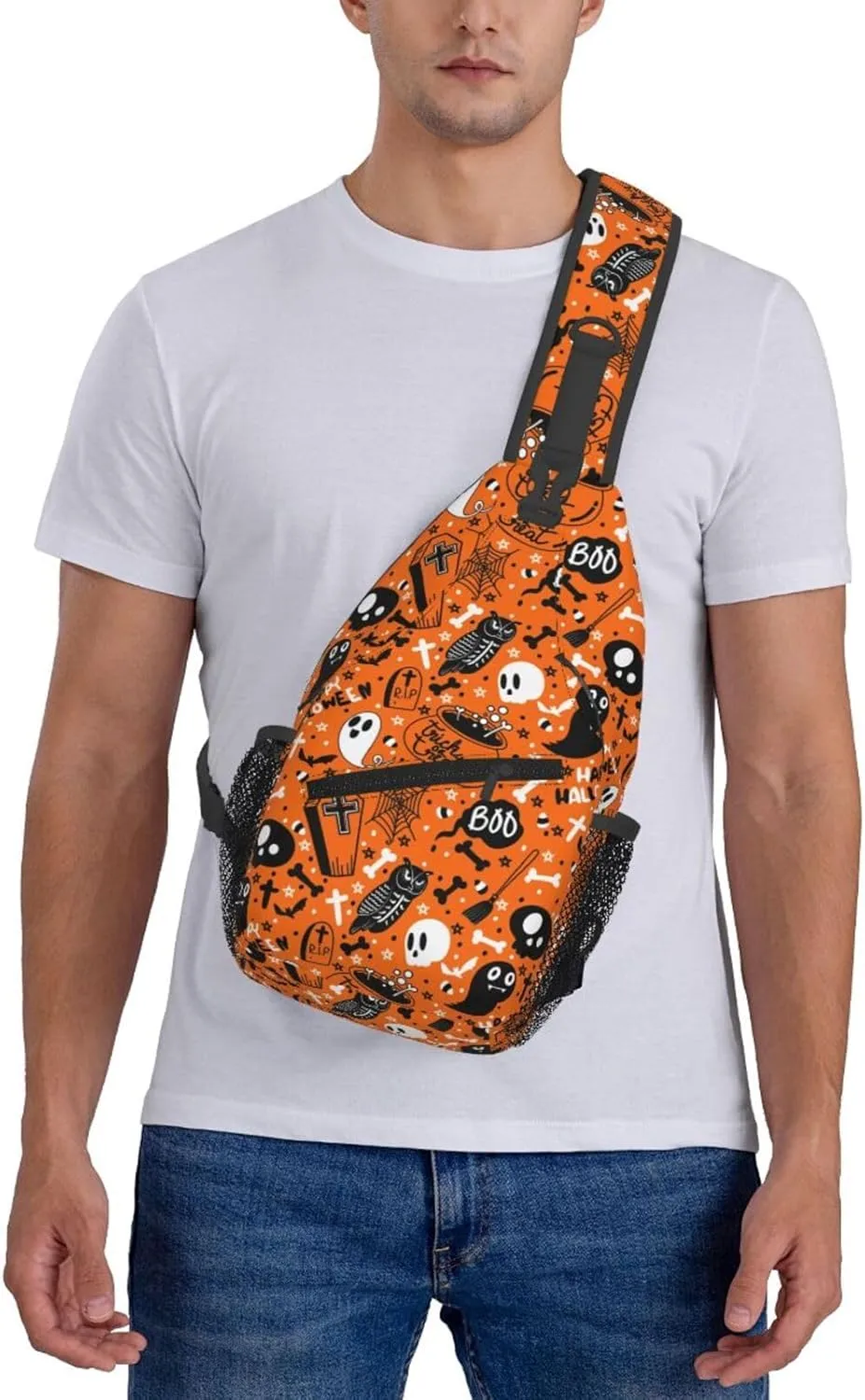 Halloween Sling Bag For Women Men Halloween Pumpkins And Bats Chest Bag Adjustable Crossbody Shoulder Bag Sling Backpack Casual Daypack