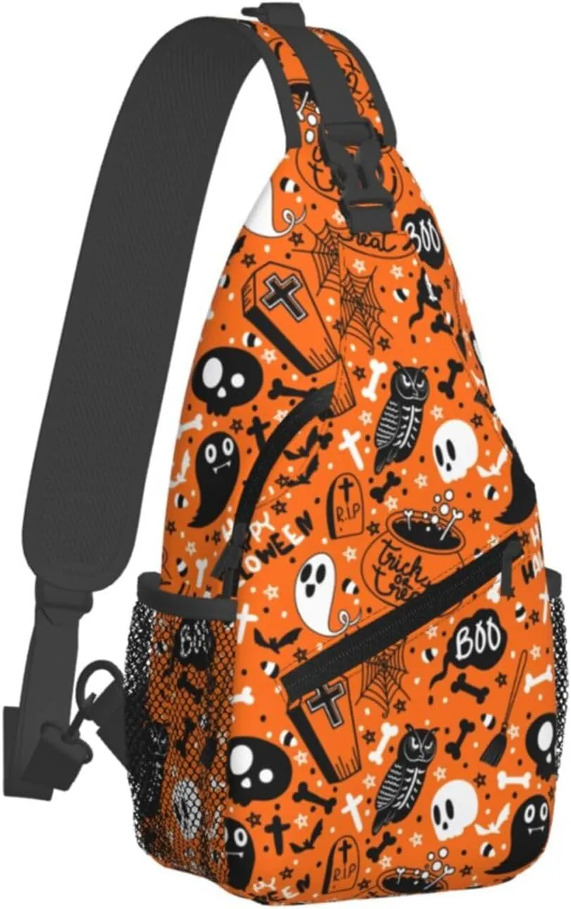 Halloween Sling Bag For Women Men Halloween Pumpkins And Bats Chest Bag Adjustable Crossbody Shoulder Bag Sling Backpack Casual Daypack