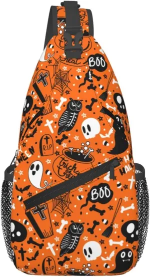 Halloween Sling Bag For Women Men Halloween Pumpkins And Bats Chest Bag Adjustable Crossbody Shoulder Bag Sling Backpack Casual Daypack