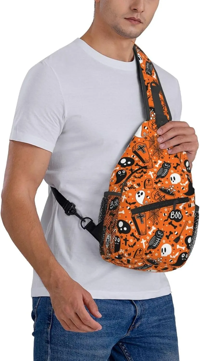 Halloween Sling Bag For Women Men Halloween Pumpkins And Bats Chest Bag Adjustable Crossbody Shoulder Bag Sling Backpack Casual Daypack