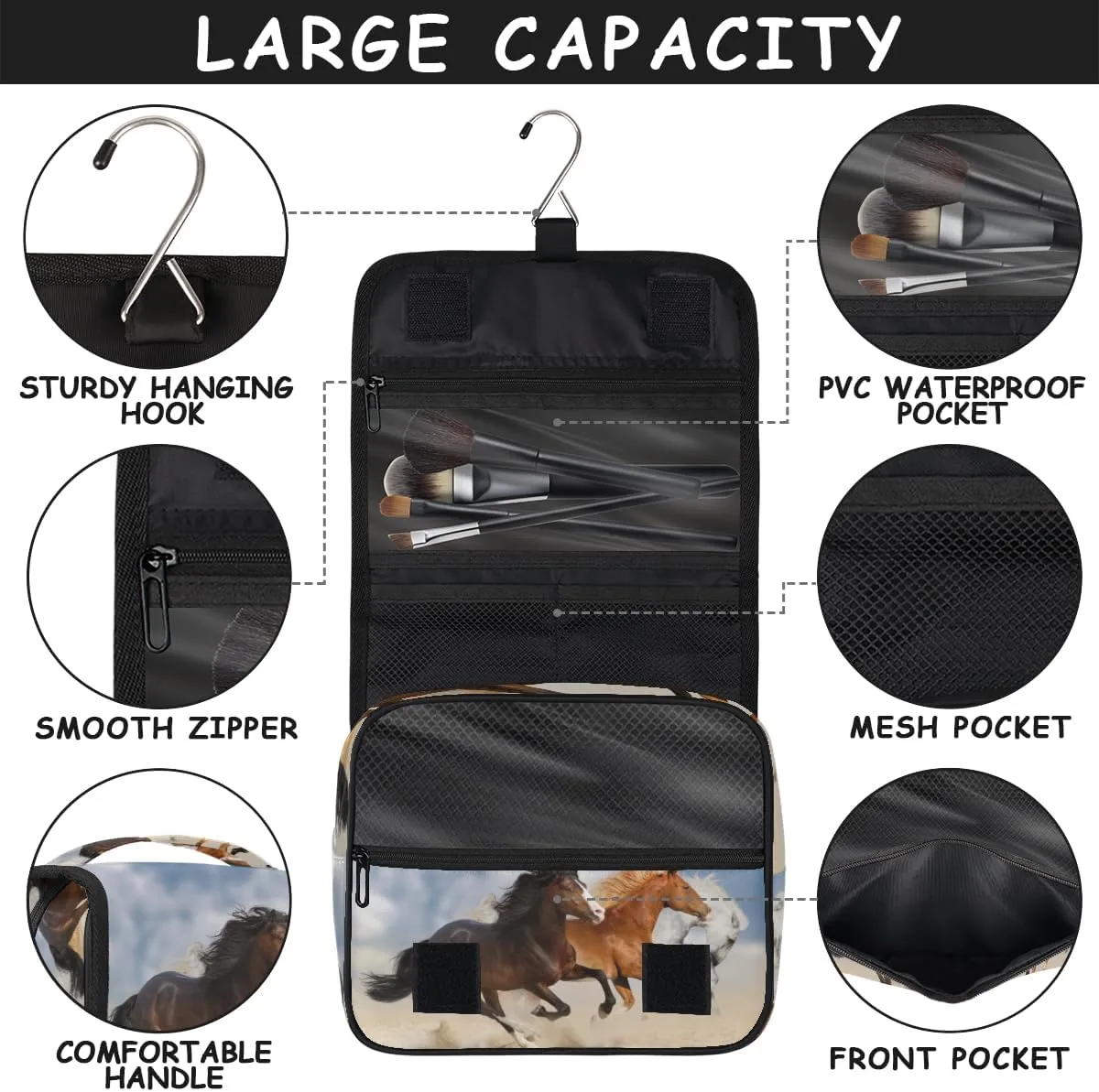Hanging Travel Toiletry Bag Galloping Animal Horse Large Capacity Makeup Cosmetic Bag Portable Toiletry Kit Organizer