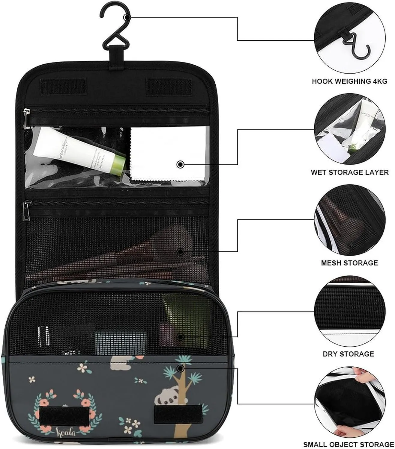 Hanging Travel Toiletry Bag, Large Capacity Cosmetic Bag for Women, Waterproof Makeup Organzier Cute Koala And Flowers Bathroom Shower Bag