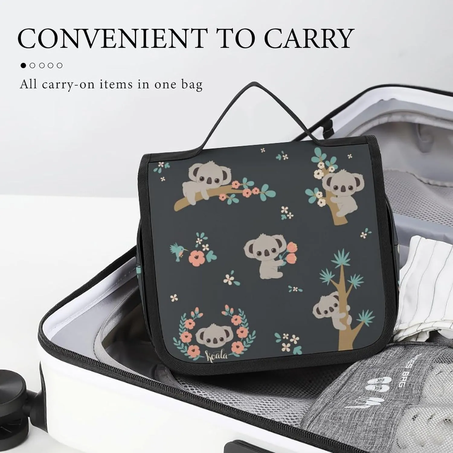 Hanging Travel Toiletry Bag, Large Capacity Cosmetic Bag for Women, Waterproof Makeup Organzier Cute Koala And Flowers Bathroom Shower Bag
