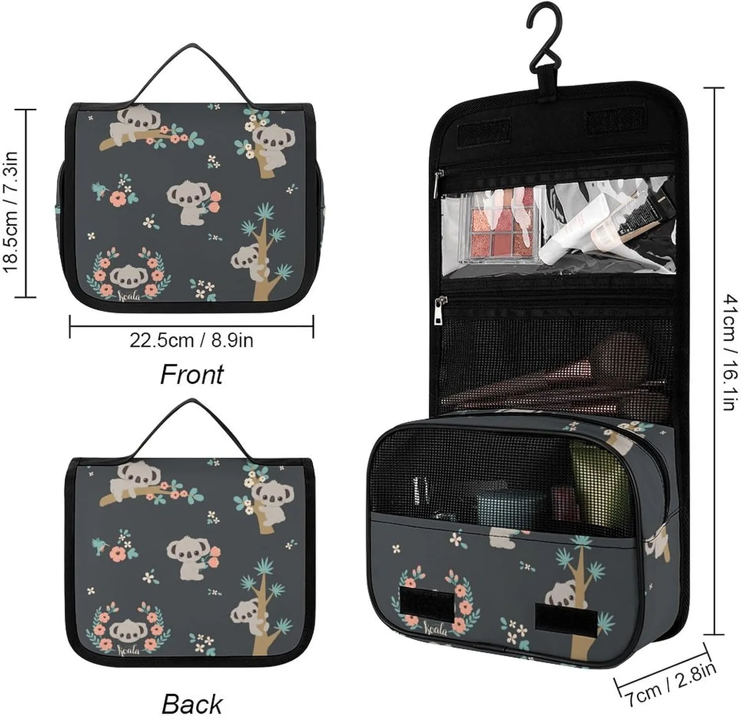 Hanging Travel Toiletry Bag, Large Capacity Cosmetic Bag for Women, Waterproof Makeup Organzier Cute Koala And Flowers Bathroom Shower Bag