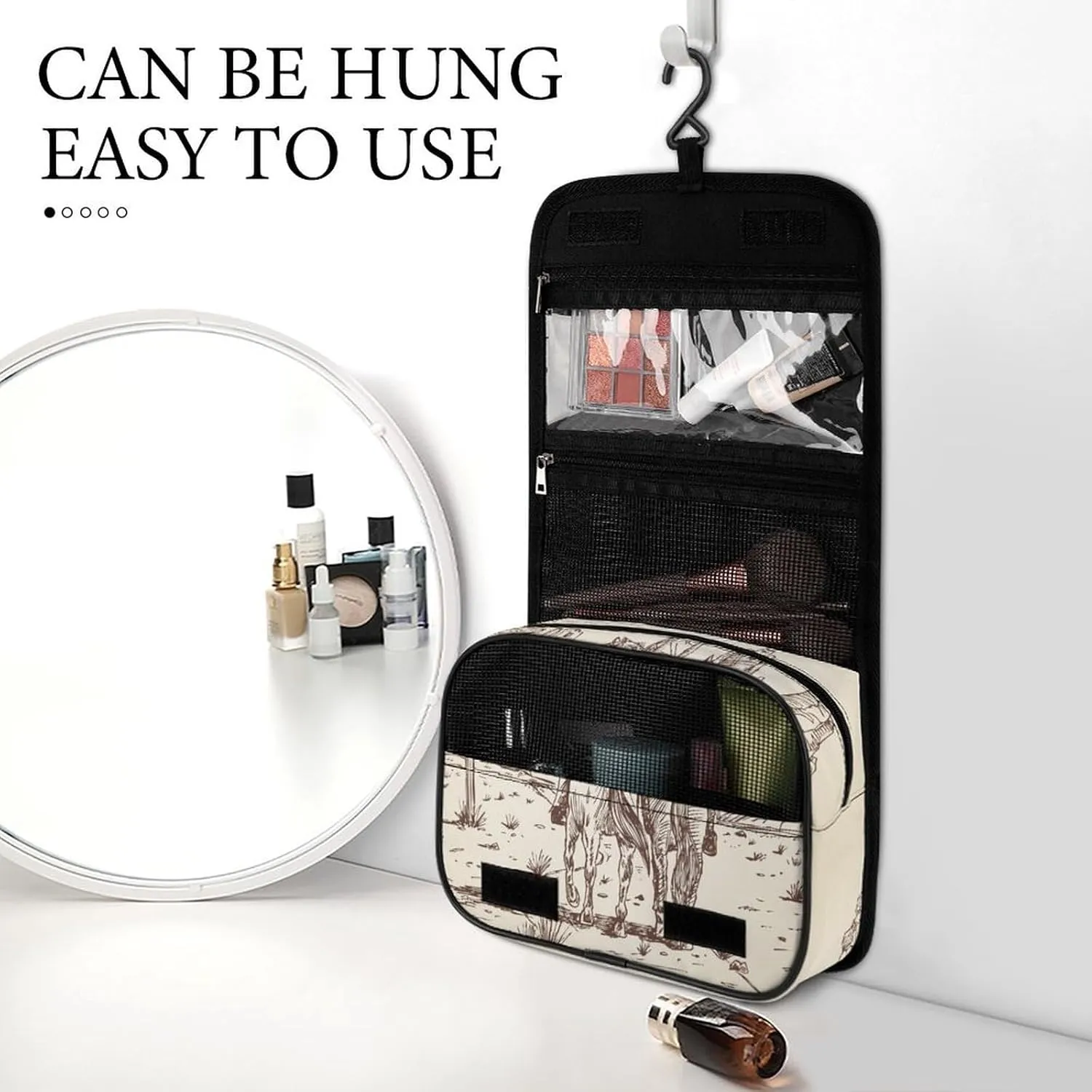 Hanging Travel Toiletry Bag, Large Capacity Cosmetic Bag for Women, Waterproof Makeup Organzier Western Desert Cowboy Riding Horses Bathroom Shower Bag