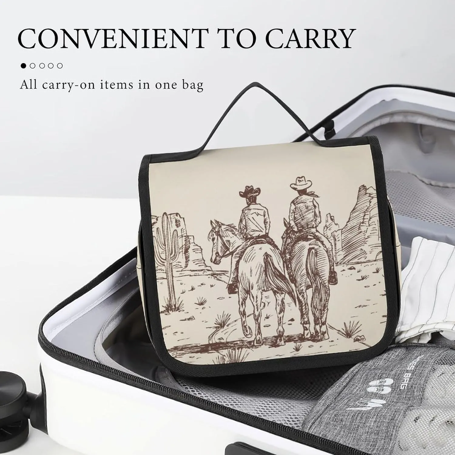 Hanging Travel Toiletry Bag, Large Capacity Cosmetic Bag for Women, Waterproof Makeup Organzier Western Desert Cowboy Riding Horses Bathroom Shower Bag