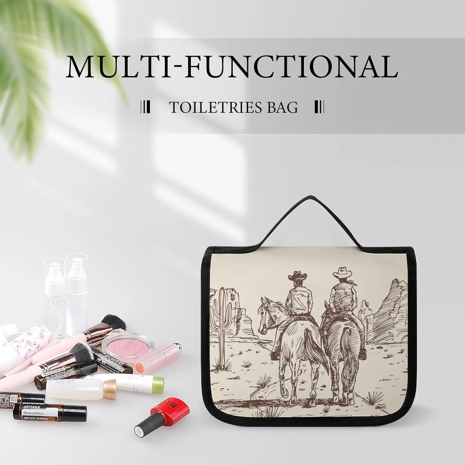 Hanging Travel Toiletry Bag, Large Capacity Cosmetic Bag for Women, Waterproof Makeup Organzier Western Desert Cowboy Riding Horses Bathroom Shower Bag