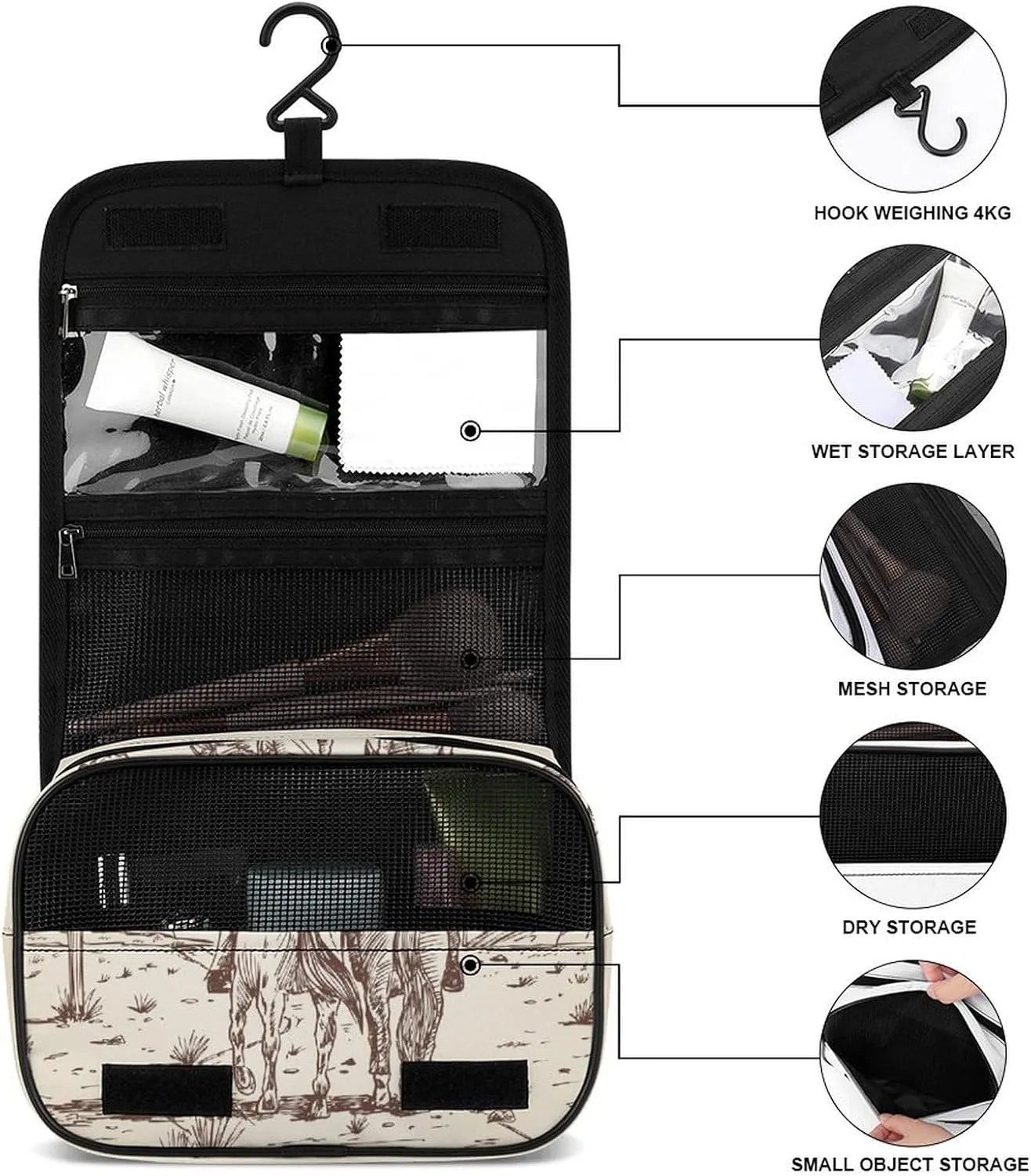 Hanging Travel Toiletry Bag, Large Capacity Cosmetic Bag for Women, Waterproof Makeup Organzier Western Desert Cowboy Riding Horses Bathroom Shower Bag