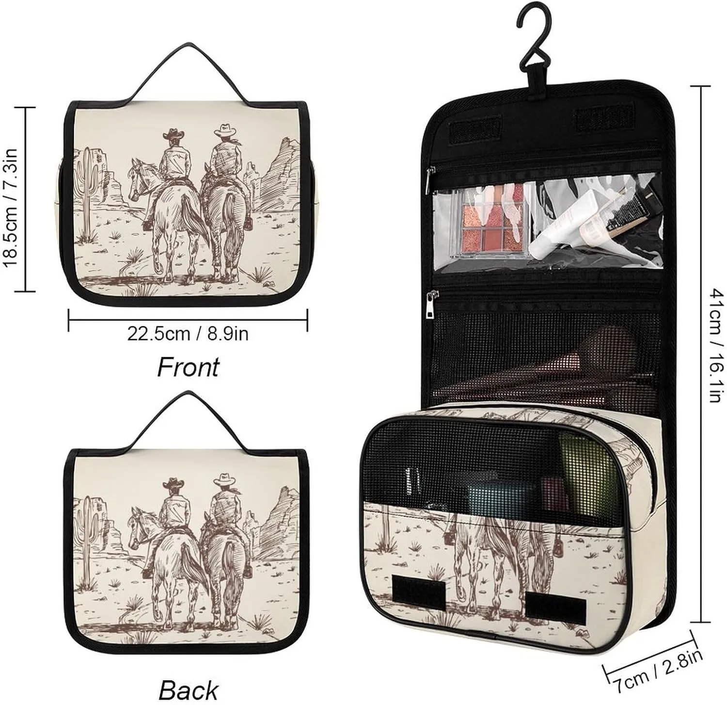Hanging Travel Toiletry Bag, Large Capacity Cosmetic Bag for Women, Waterproof Makeup Organzier Western Desert Cowboy Riding Horses Bathroom Shower Bag