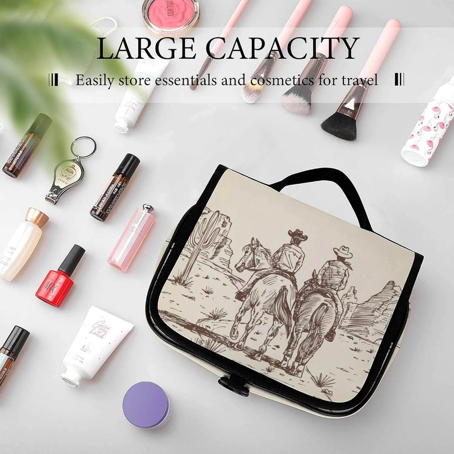 Hanging Travel Toiletry Bag, Large Capacity Cosmetic Bag for Women, Waterproof Makeup Organzier Western Desert Cowboy Riding Horses Bathroom Shower Bag