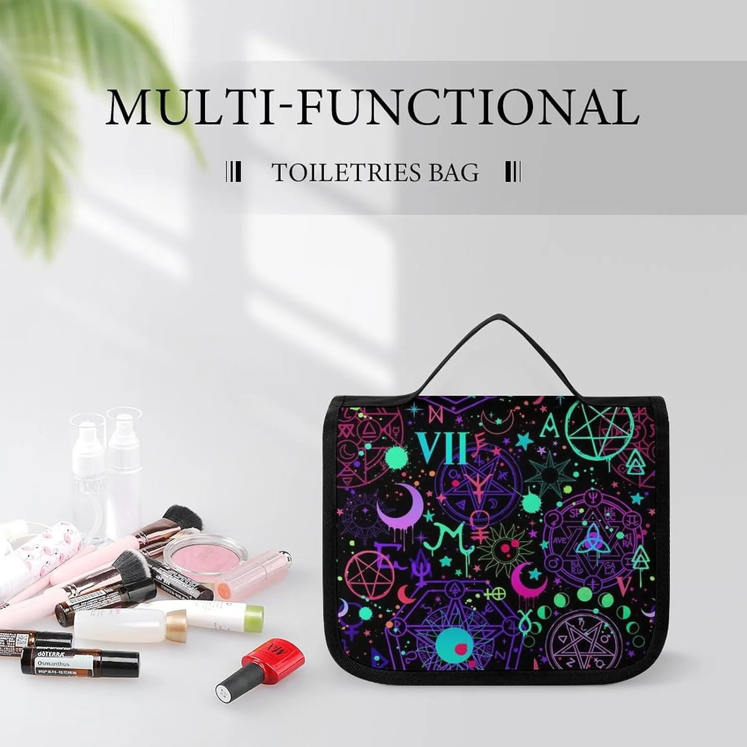 Hanging Travel Toiletry Bag, Witch Magic Sun Moon Star Alchemical Cosmic Signs Witchcraft Waterproof Cosmetic Case, Portable Large Makeup Bag Organizer for Women Men