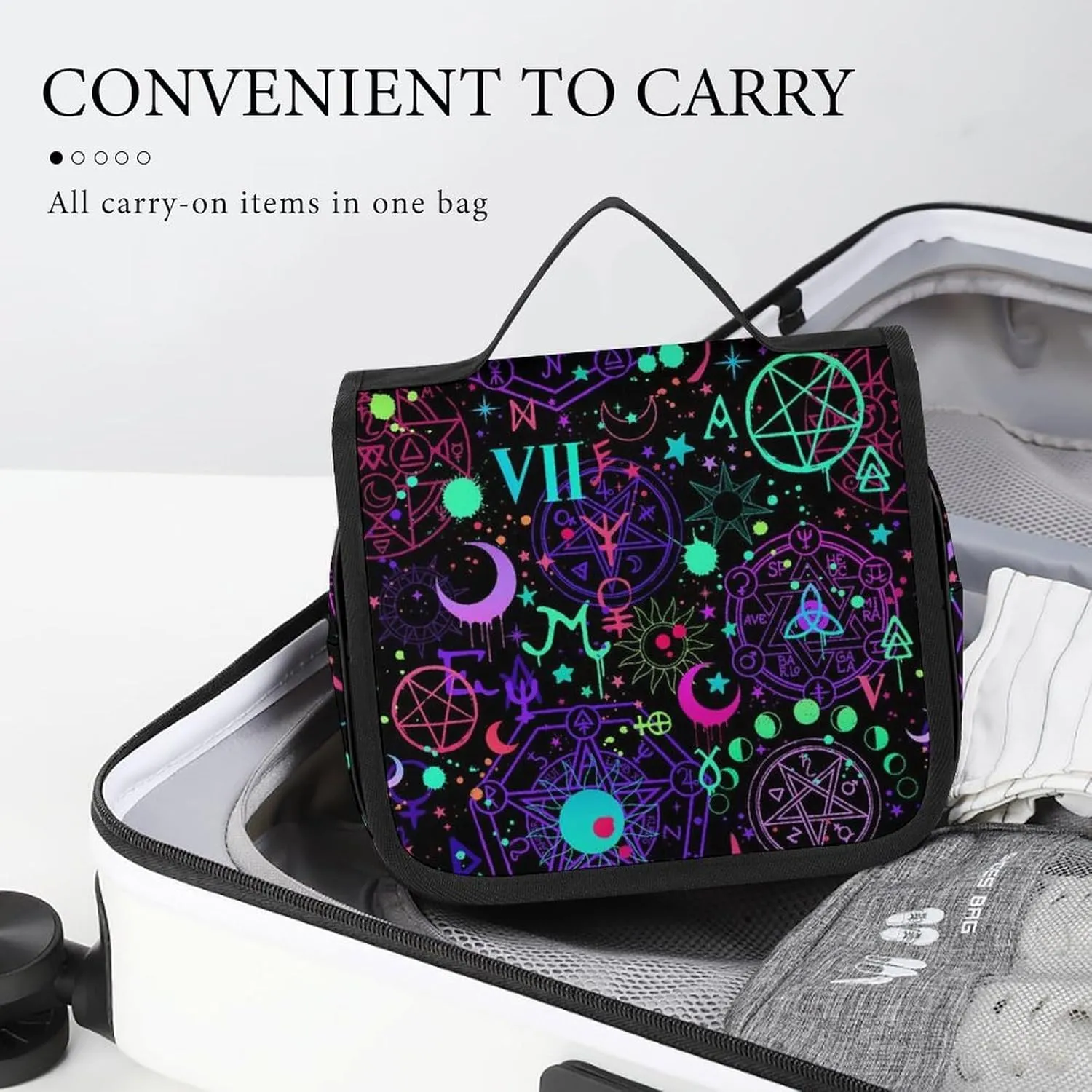 Hanging Travel Toiletry Bag, Witch Magic Sun Moon Star Alchemical Cosmic Signs Witchcraft Waterproof Cosmetic Case, Portable Large Makeup Bag Organizer for Women Men