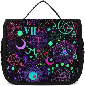Hanging Travel Toiletry Bag, Witch Magic Sun Moon Star Alchemical Cosmic Signs Witchcraft Waterproof Cosmetic Case, Portable Large Makeup Bag Organizer for Women Men
