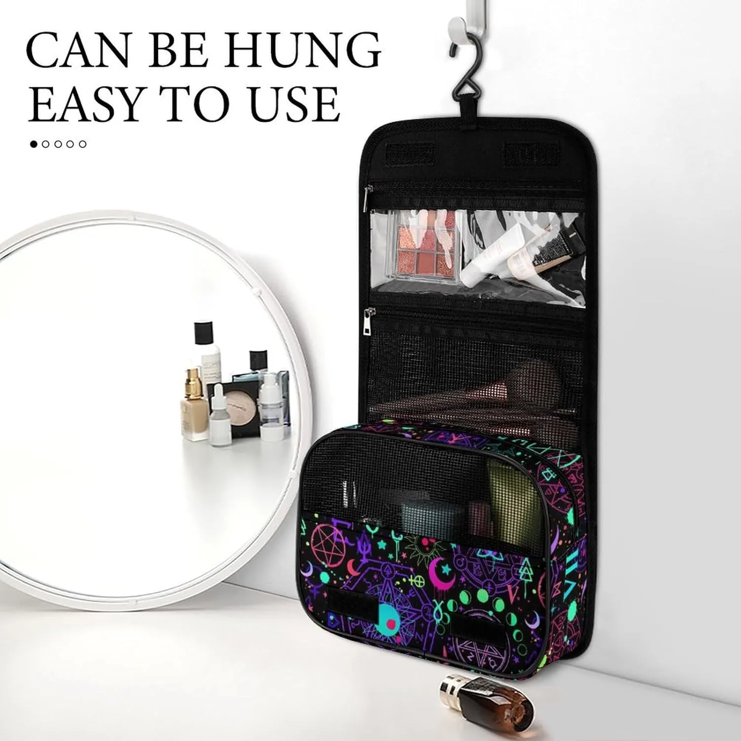 Hanging Travel Toiletry Bag, Witch Magic Sun Moon Star Alchemical Cosmic Signs Witchcraft Waterproof Cosmetic Case, Portable Large Makeup Bag Organizer for Women Men