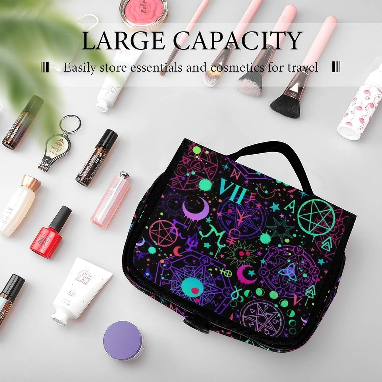 Hanging Travel Toiletry Bag, Witch Magic Sun Moon Star Alchemical Cosmic Signs Witchcraft Waterproof Cosmetic Case, Portable Large Makeup Bag Organizer for Women Men