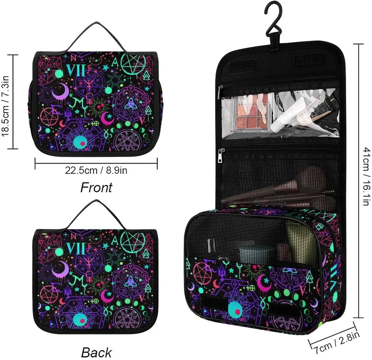 Hanging Travel Toiletry Bag, Witch Magic Sun Moon Star Alchemical Cosmic Signs Witchcraft Waterproof Cosmetic Case, Portable Large Makeup Bag Organizer for Women Men