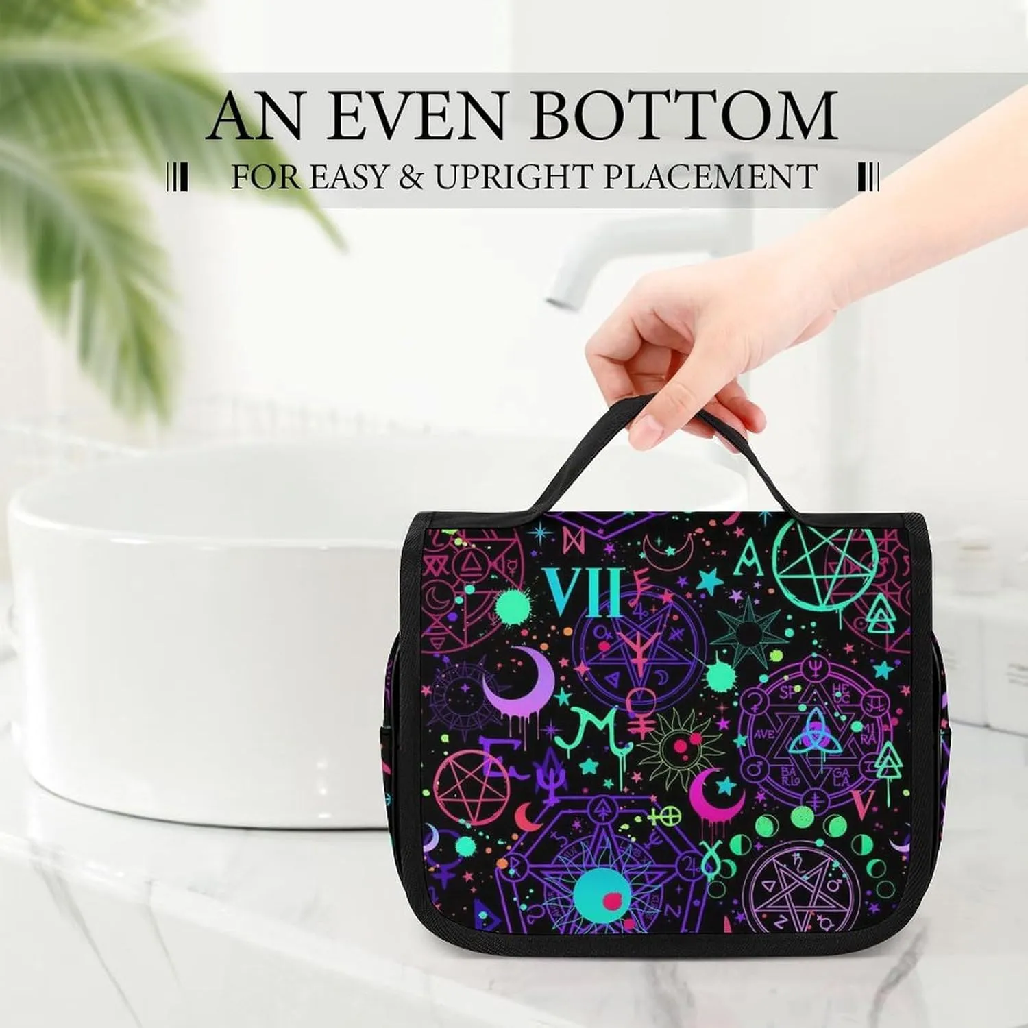 Hanging Travel Toiletry Bag, Witch Magic Sun Moon Star Alchemical Cosmic Signs Witchcraft Waterproof Cosmetic Case, Portable Large Makeup Bag Organizer for Women Men