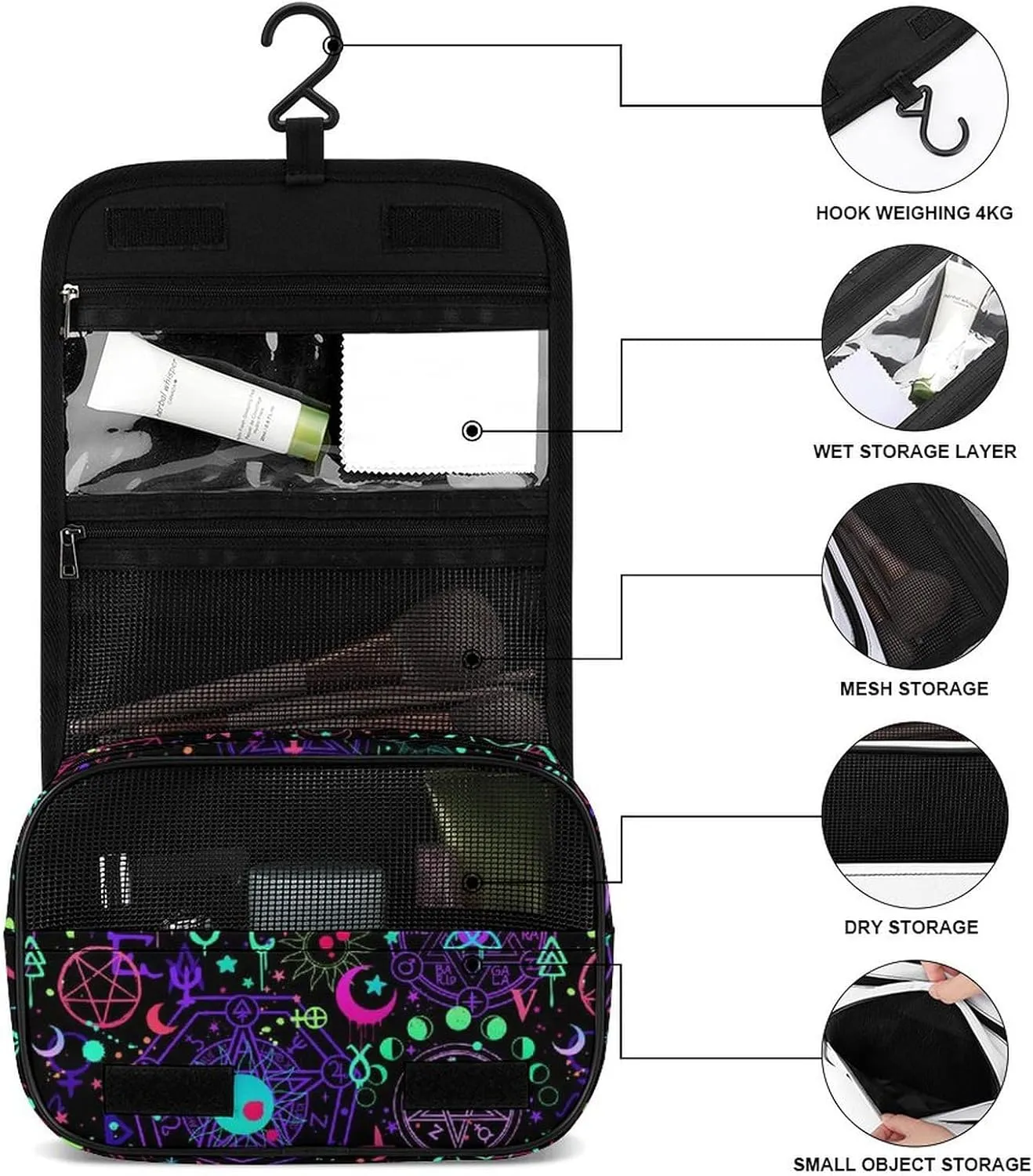 Hanging Travel Toiletry Bag, Witch Magic Sun Moon Star Alchemical Cosmic Signs Witchcraft Waterproof Cosmetic Case, Portable Large Makeup Bag Organizer for Women Men