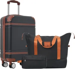 Hardshell Luggage Set with Travel Duffel and Toiletry Bag, 20-Inch Carry-On Suitcase with Double Spinner Wheels, Black