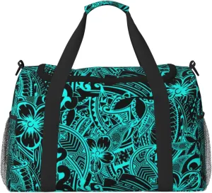 Hawaiian Polynesian Teal Tribal Travel Duffel Bag Men'S Women Gym Bag For Travel Gym Weekend Weekender Bag