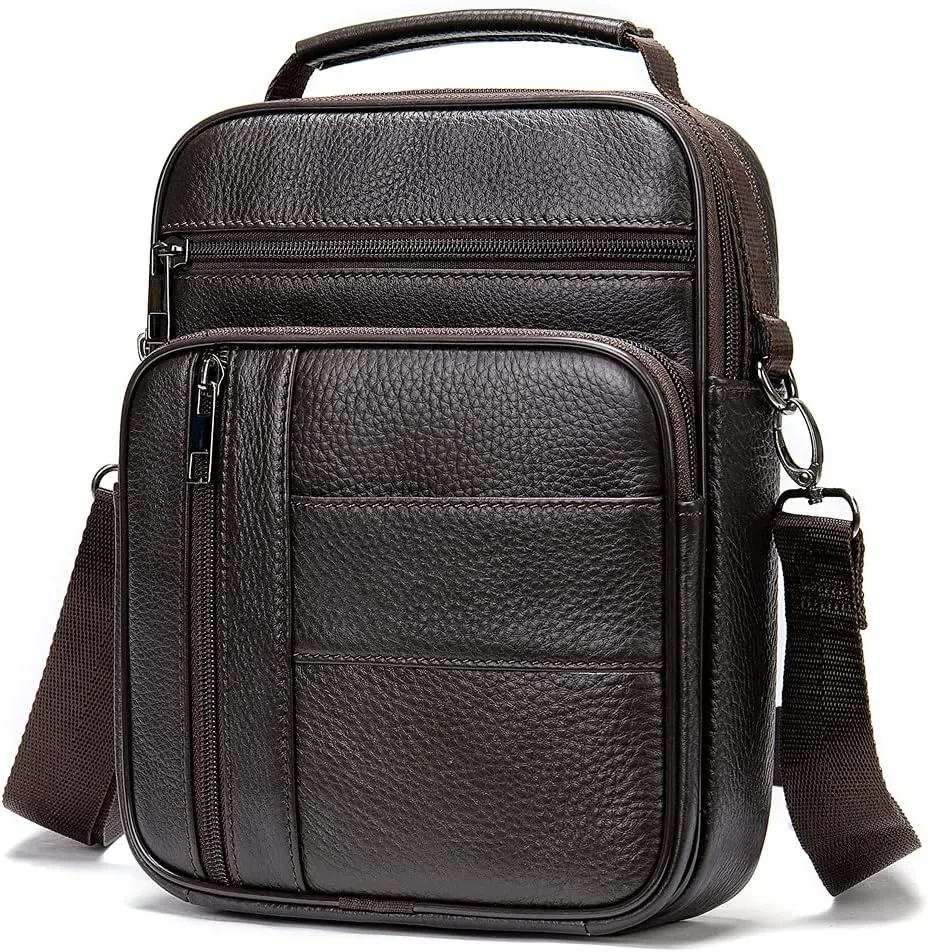 Hebetag Small Leather Sling Shoulder Bag Messenger Pack for Men Women Outdoor Travel Business