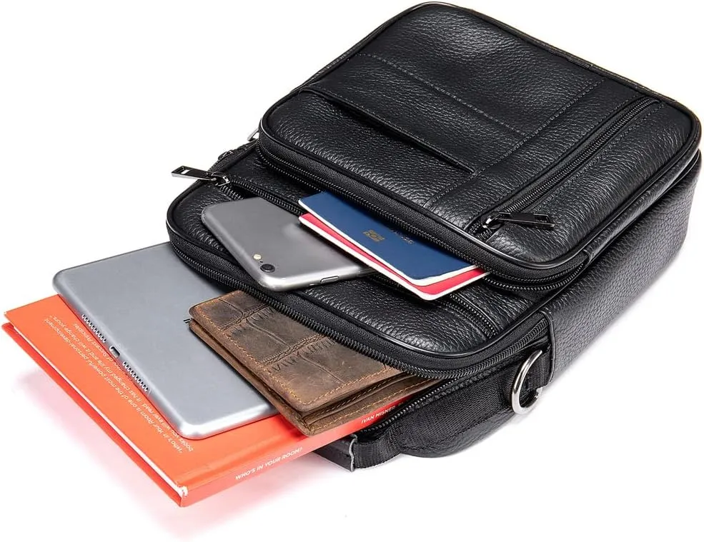 Hebetag Small Leather Sling Shoulder Bag Messenger Pack for Men Women Outdoor Travel Business