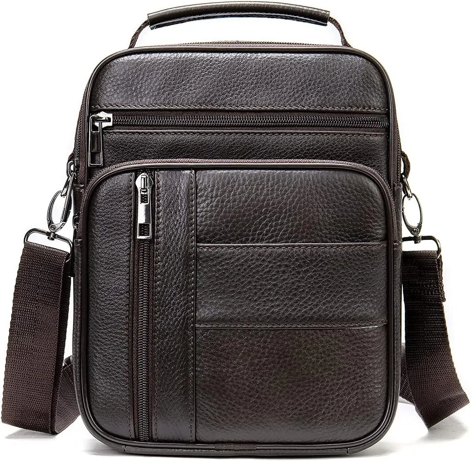 Hebetag Small Leather Sling Shoulder Bag Messenger Pack for Men Women Outdoor Travel Business