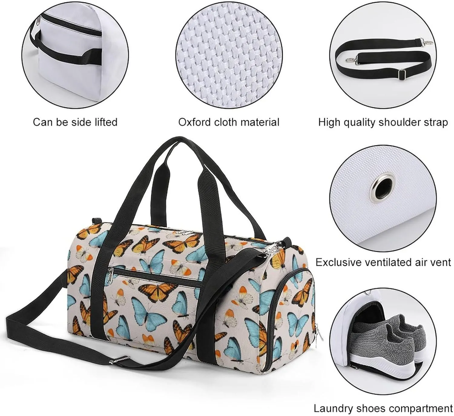 High Detailed Tropic Butterfly Sports Tote Gym Bag for Women Men, Overnight Bag with Shoe Compartment Water Resistant