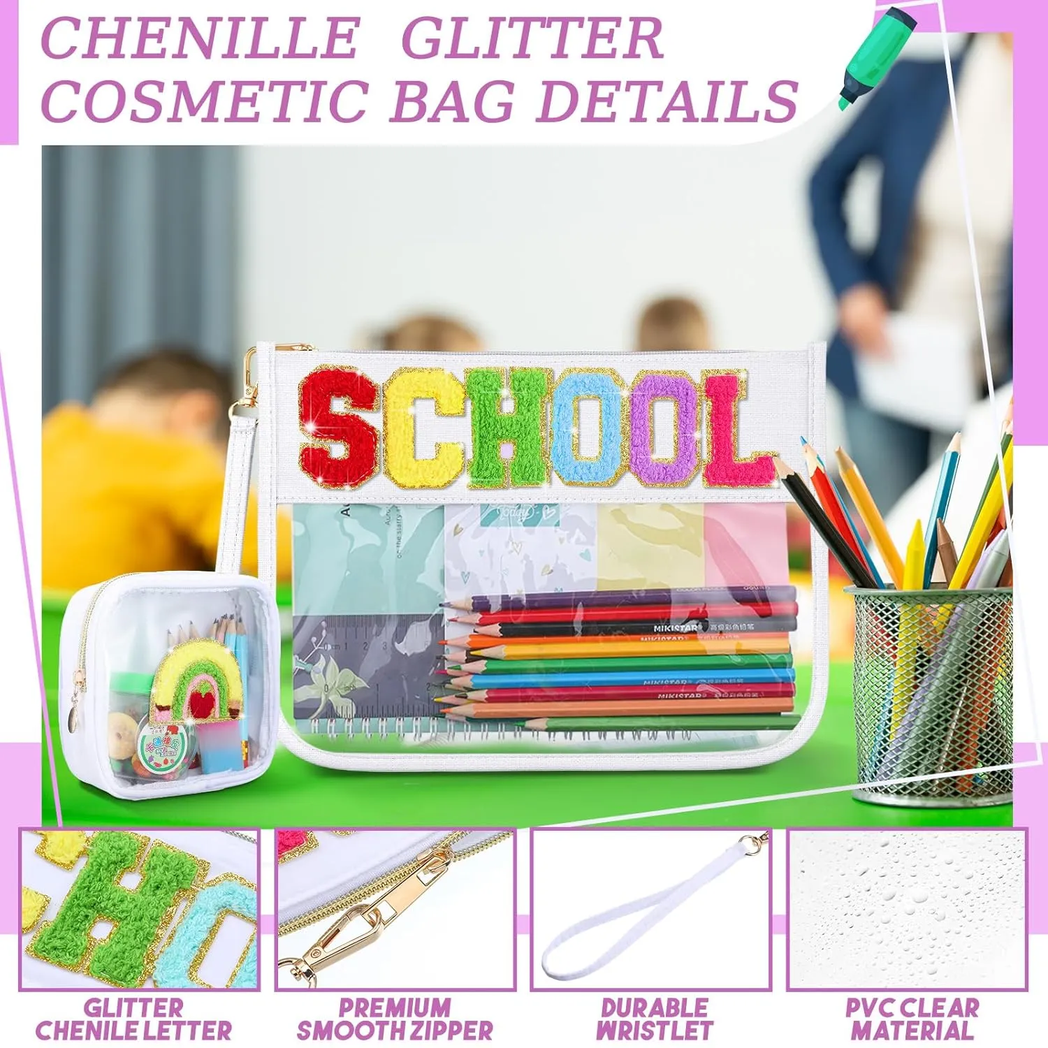 Hillban 2 Pcs Welcome Back Gift Chenille Letter Bags Preppy Patch Makeup Bag Flat First Day Purse Portable Toiletry Storage Bag for Women