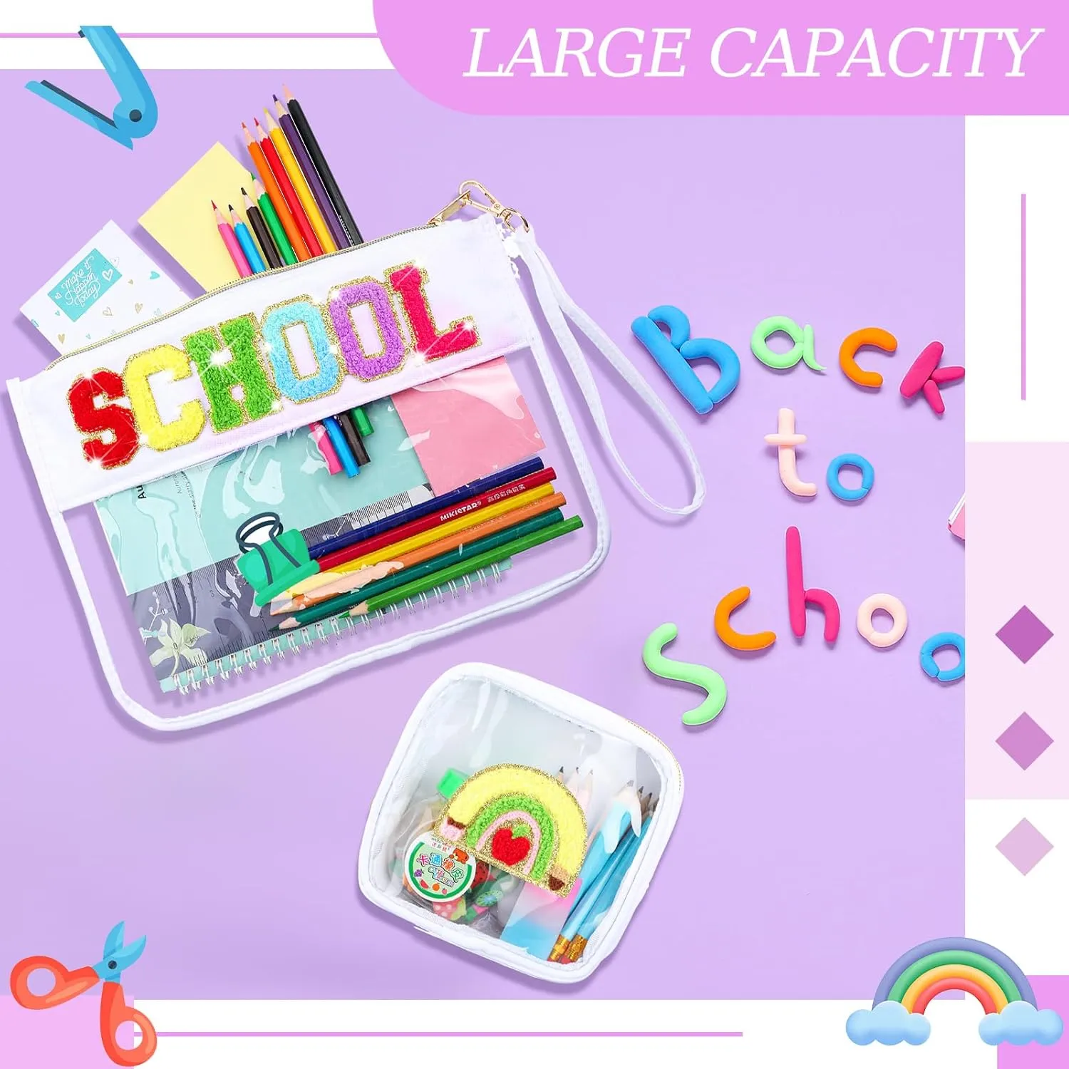 Hillban 2 Pcs Welcome Back Gift Chenille Letter Bags Preppy Patch Makeup Bag Flat First Day Purse Portable Toiletry Storage Bag for Women