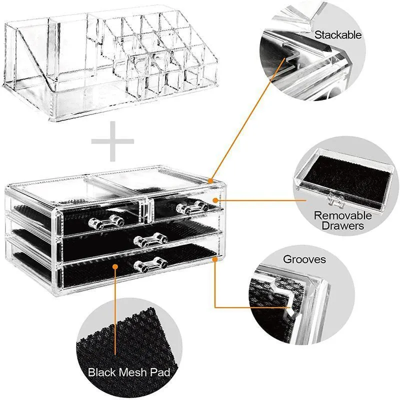 Holder Cosmetic Makeup Organiser 4 Drawer Storage Jewellery Box Clear Acrylic