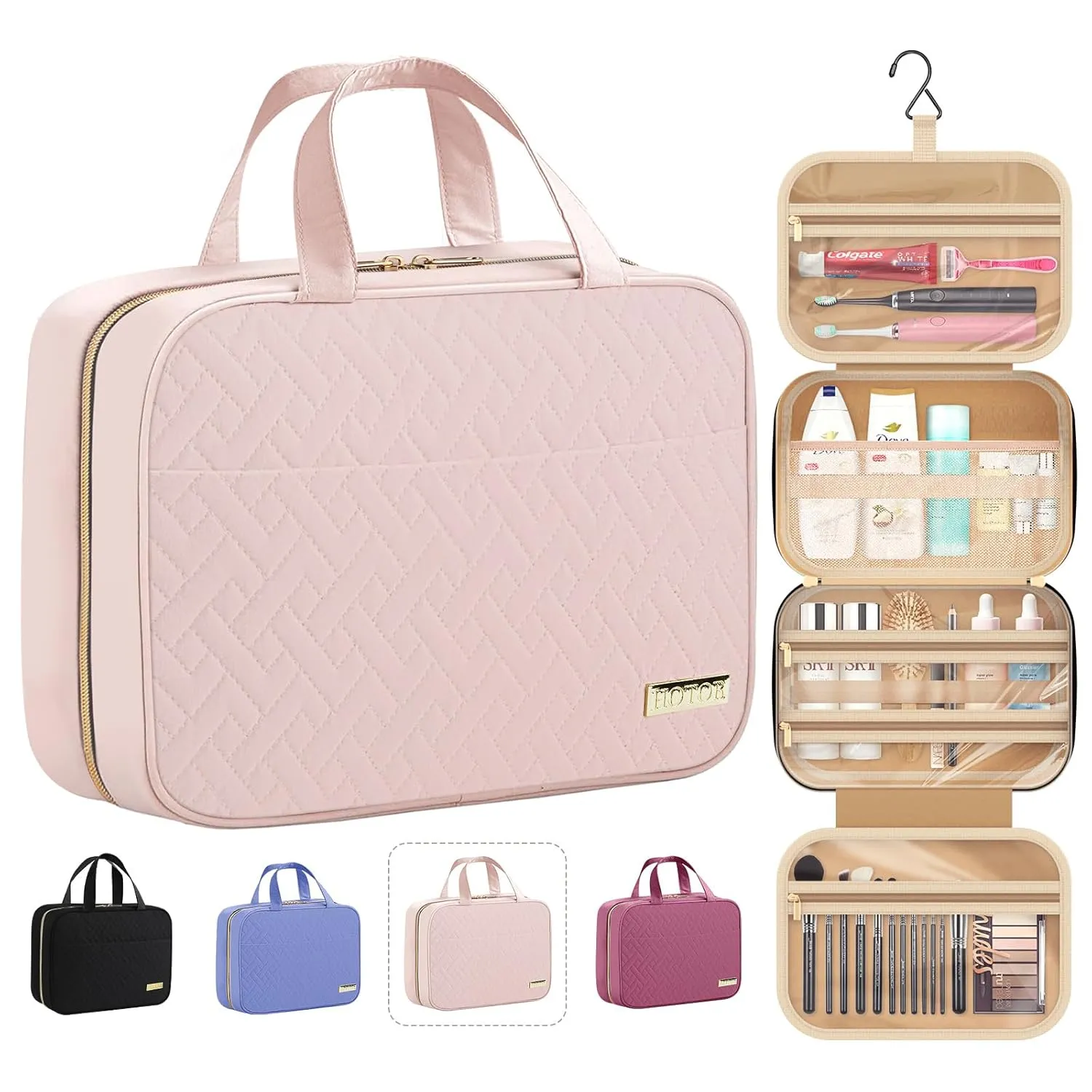 HOTOR Travel Toiletry Bag - Toiletry Bag w/Hanging Hook - Spacious Toiletry Bag for Women & Men, Makeup Bag/Big Comparment, Waterproof for Travel Accessories, Travel Essentials, Medium, Pink