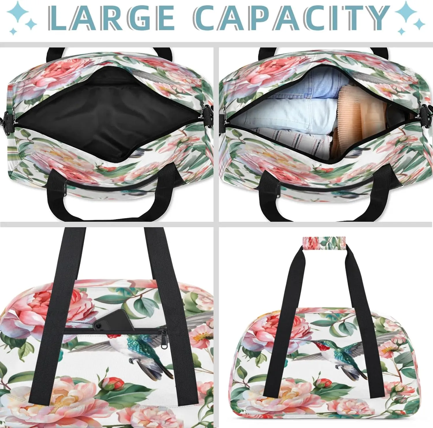Hummingbird Floral Small Gym Bag 18 inch Carry On Duffel Bag for Weekender Travel Sports Workout Yoga Gymnastics Dance Ballet